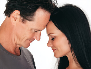 Portraits of mid 50s couple in love. Putting their head together.