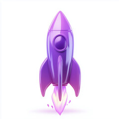 3D Purple Rocket Ship Launching on White Background