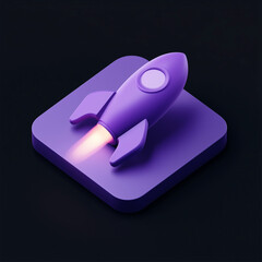 3D Purple Rocket Ship Icon on a Square Platform