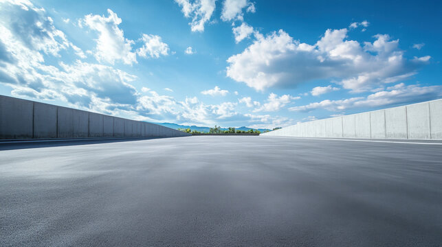 smooth concrete surface in luxury parking lot under bright blue sky with fluffy clouds. open space creates serene and expansive atmosphere