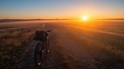 Obraz premium Sunrise Bike Ride Across Serene Plains