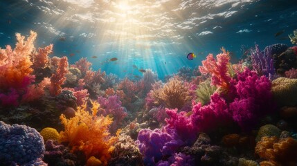 Fototapeta premium Vibrant Coral Reef Under Warm Light Action Shot
