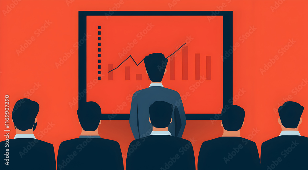 Poster a professional presentation scene with a speaker in front of an audience, showcasing a growth chart 