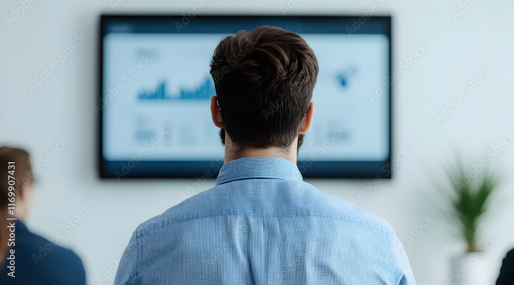 Aufkleber a person observes a screen displaying data charts in a modern office setting.