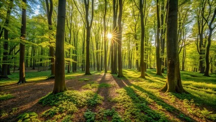 Obraz premium Dense foliage with sunlight filtering through the canopy, casting dappled shadows on forest floor , nature, spring