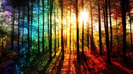 Obraz premium Vibrant Forest with Modern Colorful Light Effects