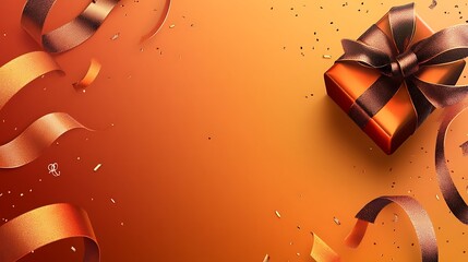 Orange Gift Box With Brown Ribbon and Confetti