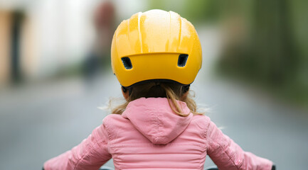 A young child wearing a bright yellow helmet, seen from behind, ready to ride, highlighting safety and outdoor adventure.