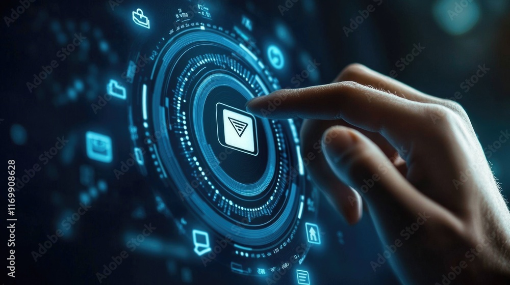Aufkleber hand using a digital touch interface on futuristic electronic device.