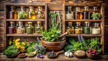 Natural herbal remedies arranged in a wooden cabinet with various plants and essences, botanical cabinet , natural remedies