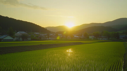 Serene Sunrise Over Rural Japanese Rice Fields