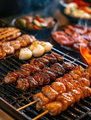 Vibrant array of freshly barbecued meats on skewers, ready to be served and savored.