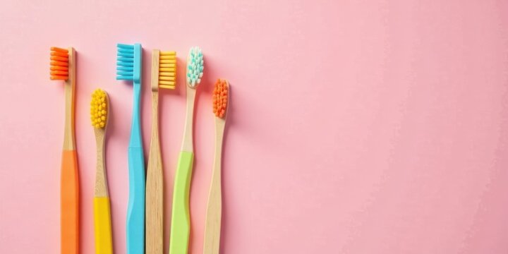 Vibrant colored toothbrushes on a pink background, oral hygiene concept