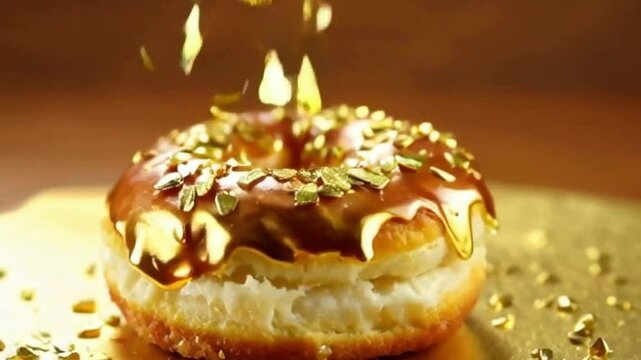 Golden maple cronut with maple glaze and edible gold flakes, set in warm lighting with a slow-motion effect for luxury and richness