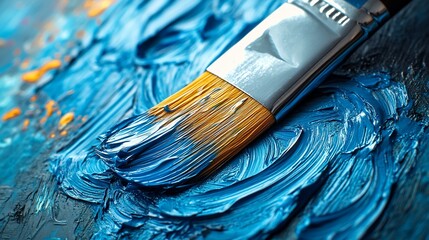 Fototapeta premium Paintbrush Applying Thick Blue Oil Paint Strokes
