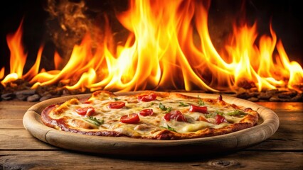 Freshly baked pizza with melted mozzarella cheese and a golden-brown crust surrounded by a fiery oven flame, heat, food,  heat