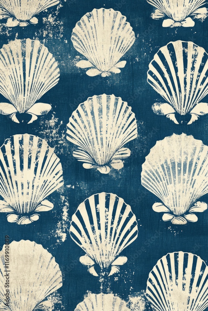 Poster blue and white pattern of seashells. the shells are in various sizes and are scattered throughout th