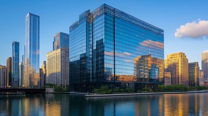 Fototapeta premium Modern Chicago Skyscrapers Reflecting in Calm Water