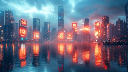 Fototapeta premium Neon Cityscape Reflecting in Calm Water at Dusk