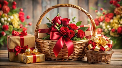 A gift basket filled with red items and wrapped in golden ribbon, surrounded by presents and flowers in a luxurious setting, holiday shopping, luxury present