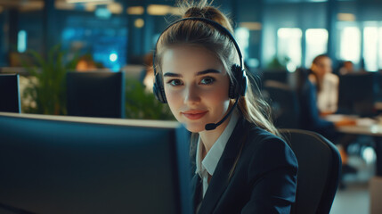 Obraz premium young woman in headset works at computer in modern office environment, showcasing professionalism and focus. Her expression reflects determination and engagement