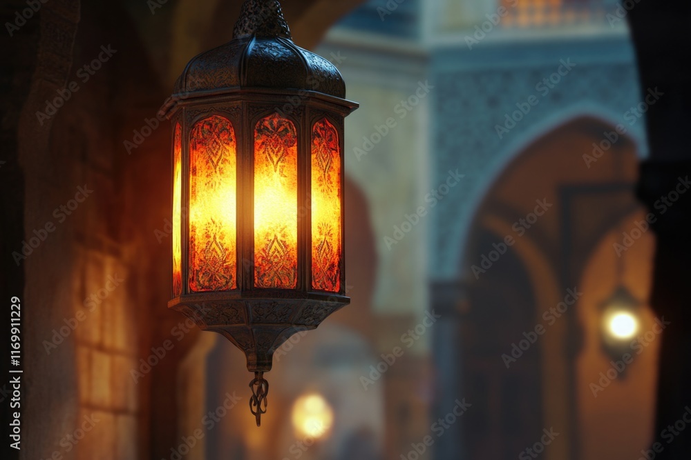 Poster lamp with a yellow light shining on it. the light is warm and inviting. the lamp is hanging from a c