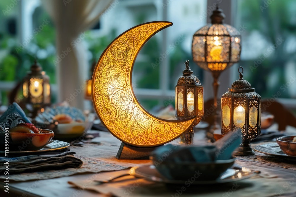 Poster table with a large yellow moon lamp and several lanterns. the table is set for a special occasion, p