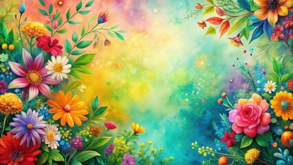 Colorful artistic canvas with vibrant flowers, greenery, and abstract shapes against a soft pastel background, painting