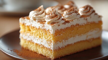 Delicious layered cake with whipped cream and cocoa. Perfect for dessert menus, bakery websites, or food blogs.