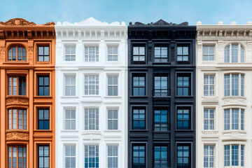 Obraz premium Four elegant townhouses in contrasting colors orange, white, black, and beige, showcasing architectural details and urban living.