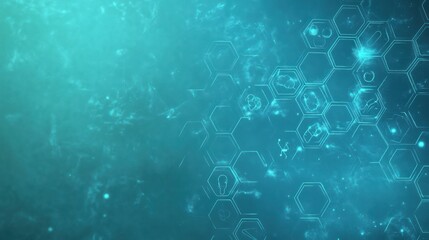 Teal medical hexagons glowing, futuristic background, healthcare website banner