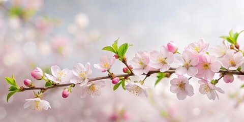 Obraz premium A delicate cherry blossom branch with pale pink petals and green leaves against a soft white seamless background , floral