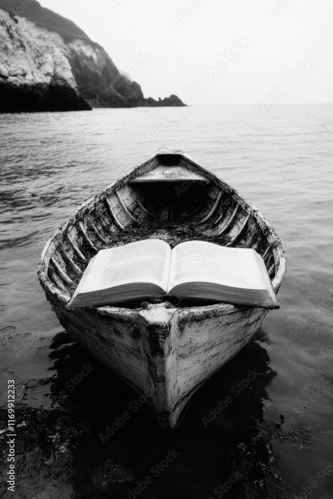 Aufkleber boat with an open book on it is floating in the water. the book is titled 