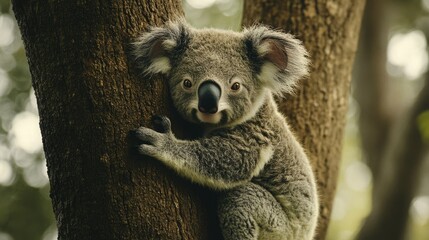 Fototapeta premium Adorable koala clinging to a tree trunk. Fuzzy, gray fur and big eyes.