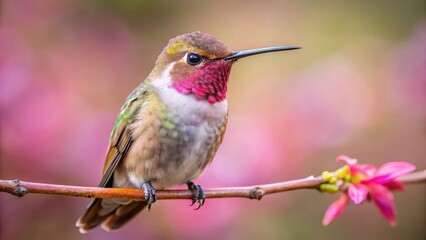 Obraz premium A delicate hummingbird perched on a branch with soft pink feathers