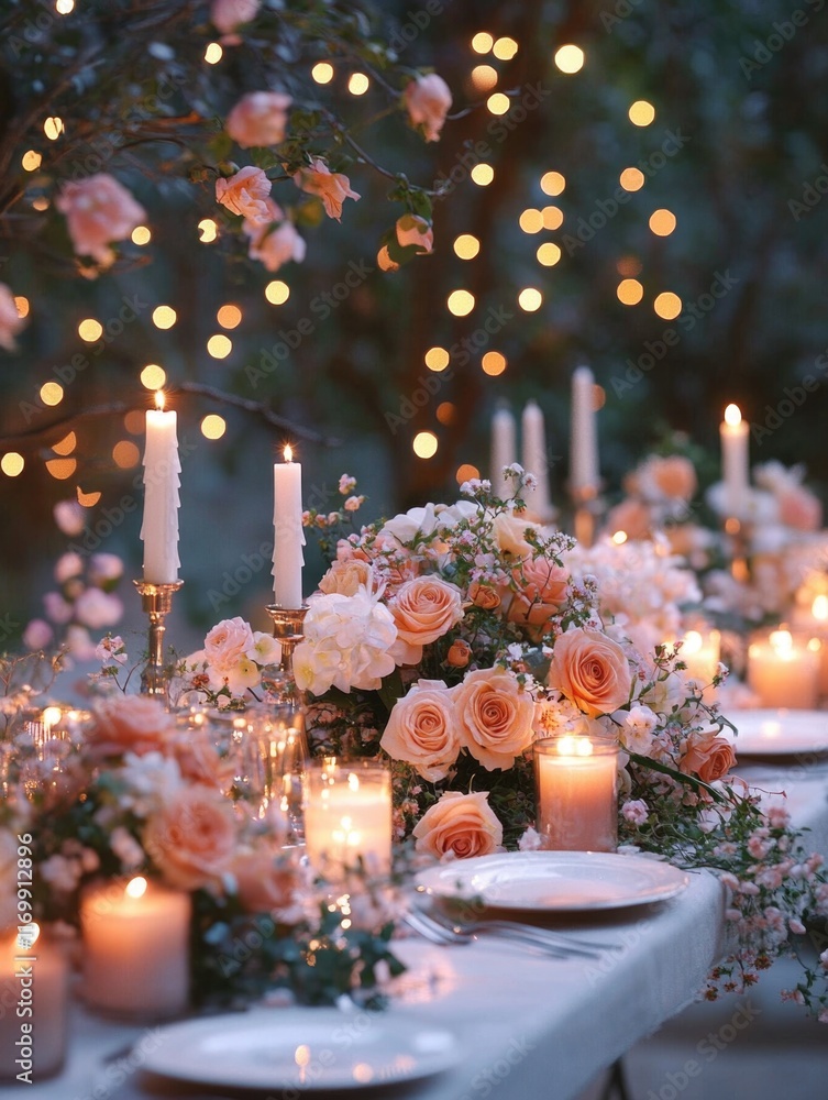 Poster table is set with candles and flowers, creating a warm and inviting atmosphere. the candles are lit,