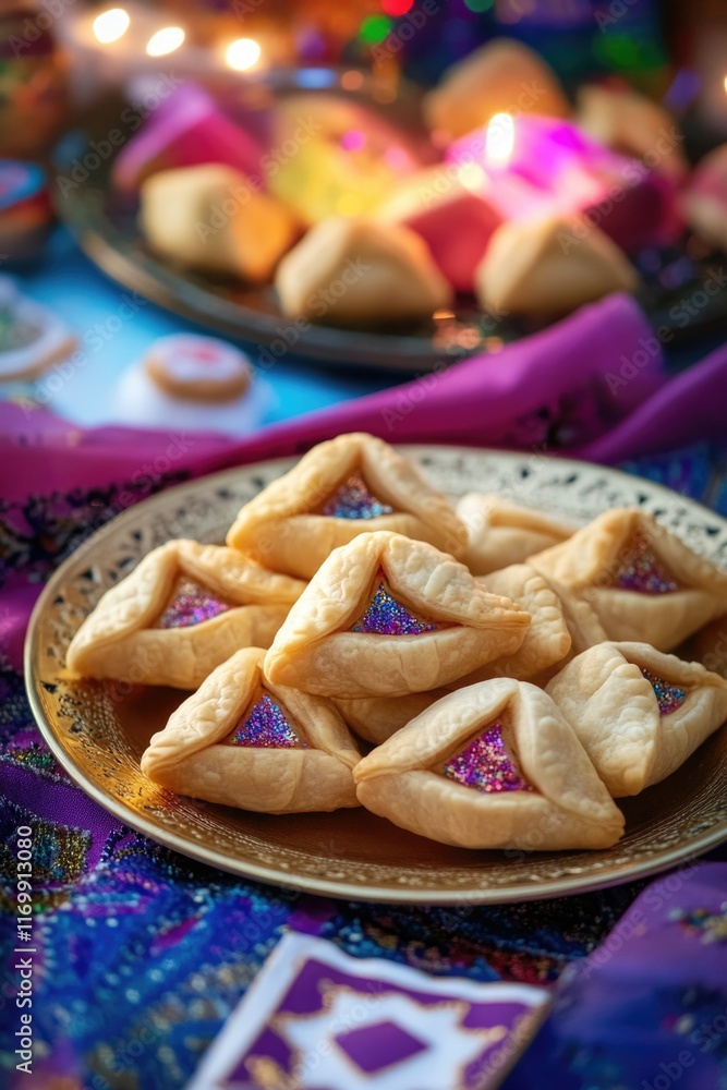 Aufkleber plate of delicious pastries sits on a blue tablecloth. the pastries are arranged in a triangular pat