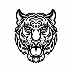 head of tiger art tribal style black and white outline illustration design