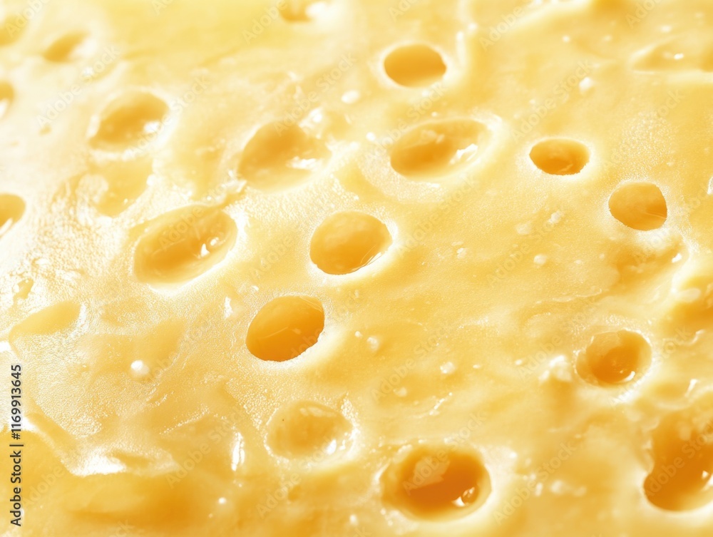 Poster close up of a yellow cheese with many holes in it. the holes are scattered throughout the cheese, cr