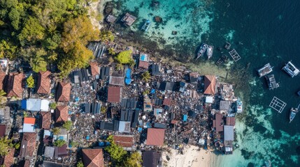 Obraz premium Aerial View of a Fishing Village by the Shore