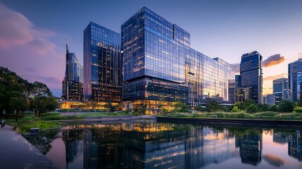 Fototapeta premium Modern Glass Skyscrapers Reflecting In Calm Water At Dusk