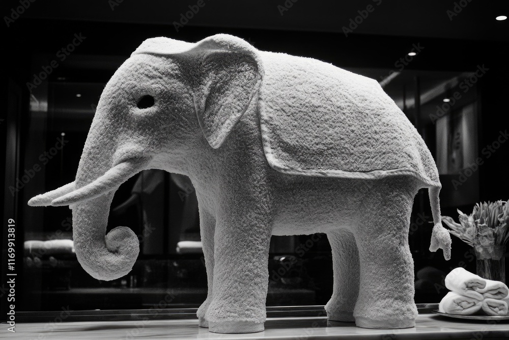 Poster white elephant statue is sitting on a table. the elephant is made of white fabric and has a very rea