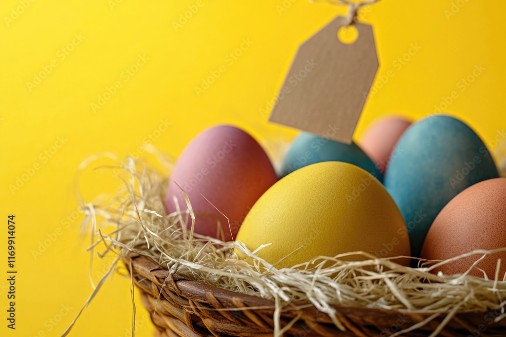 Poster basket of eggs with a tag on one of them. the eggs are in different colors and are arranged in a bas