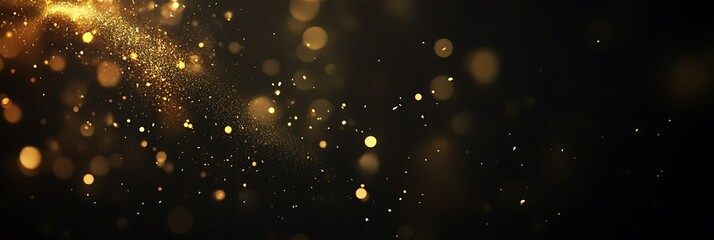 Fototapeta premium Golden dust particles swirl, dark backdrop, bokeh effect, design overlay.