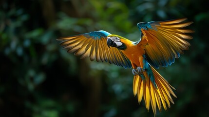 Fototapeta premium A vibrant blue and gold macaw in flight, wings spread wide against a dark, lush background.