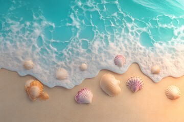 Beautiful Seascape with Colorful Seashells on Sandy Beach, Gentle Waves Lapping Ashore Under Bright Blue Sky, Capturing Tranquil Coastal Landscape in Summer