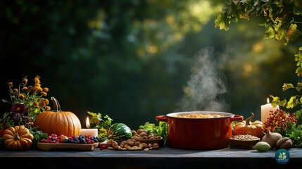 [Harvest Festival spirituality feasting gratitude] Festive Holiday Dinner Setup Roasting Pan at Center with Traditional Dishes