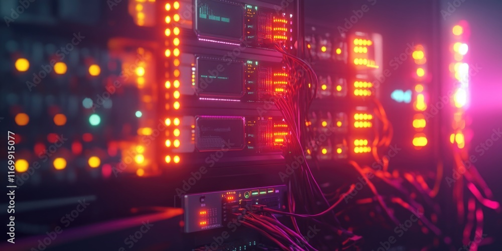 Poster computer server room with many servers and wires. the servers are lit up in bright colors, creating 