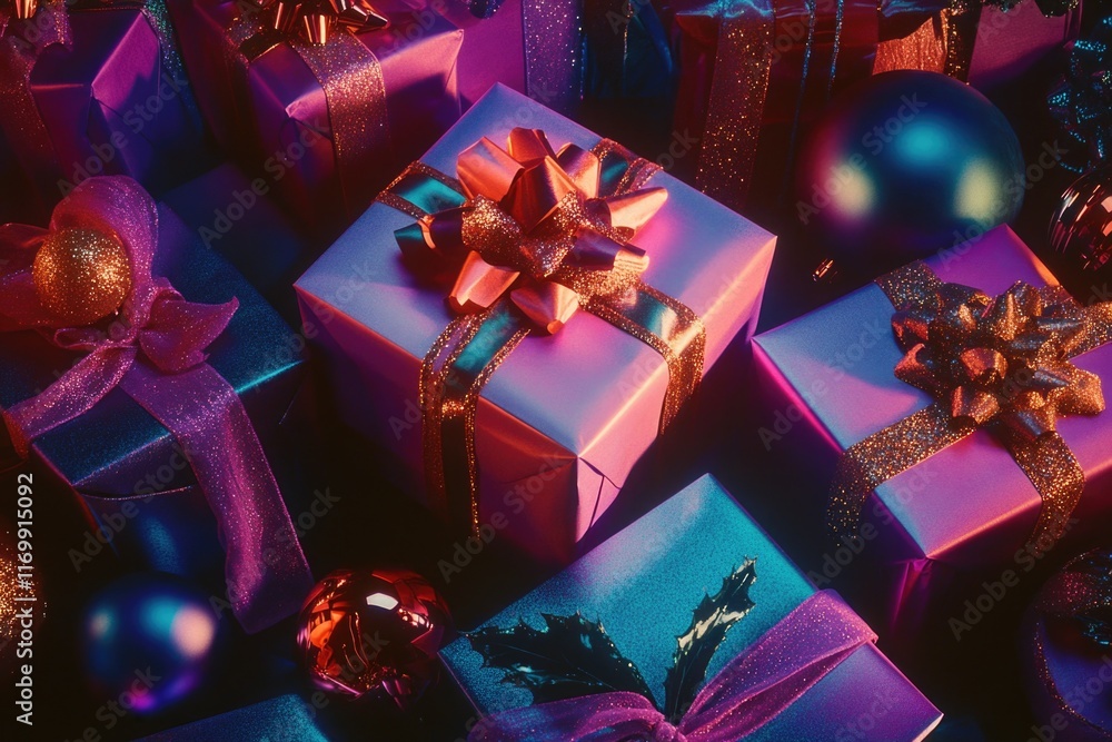 Poster bunch of colorful boxes with bows on them, some of which are purple. the boxes are piled on top of e