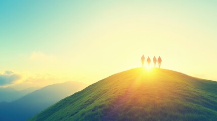 Fototapeta premium Group of hikers traverses a mountain ridge at dawn, basking in the warm glow of the rising sun, surrounded by stunning natural landscapes